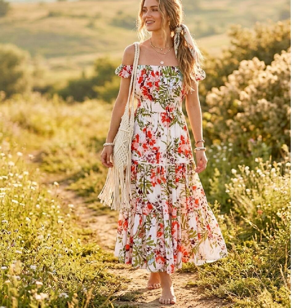 Abel the Label Off-the-Shoulder Floral Boho Flowy Maxi Dress Medium Tiered
